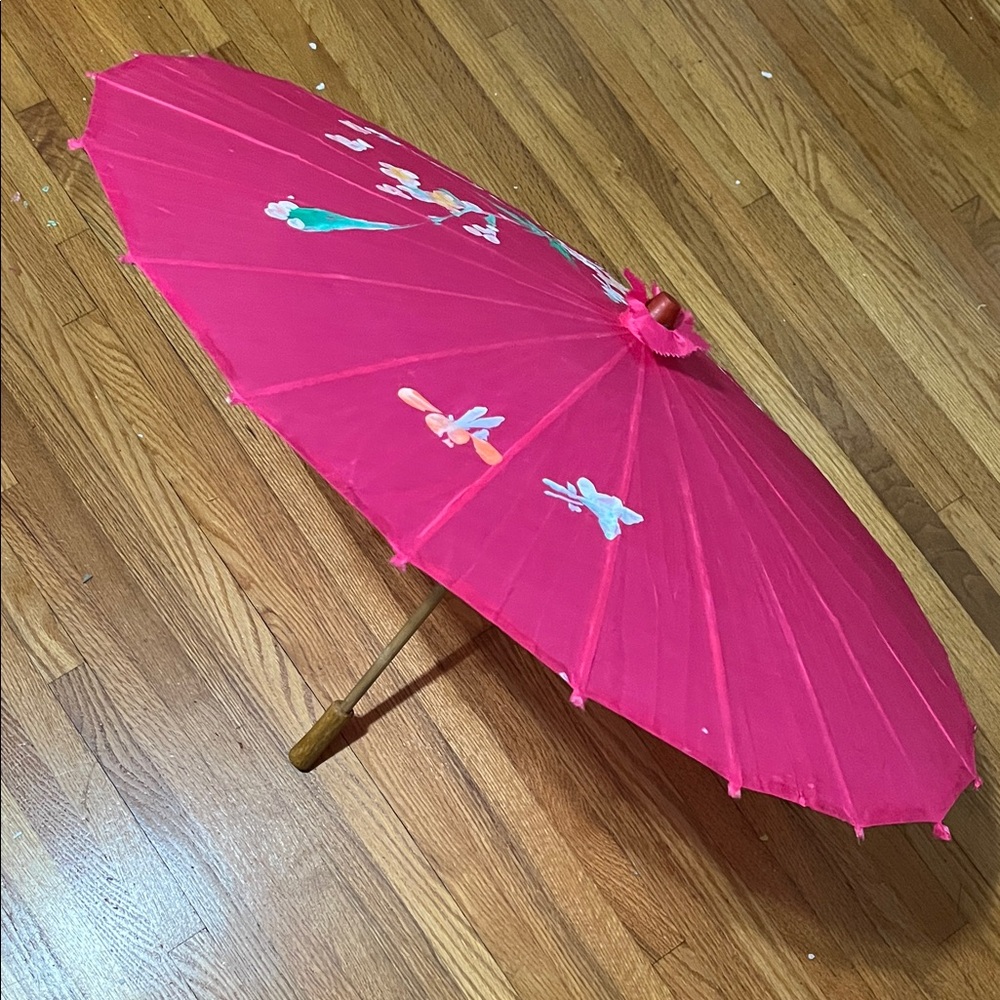 Floral Pink Parasol with Wood Handle